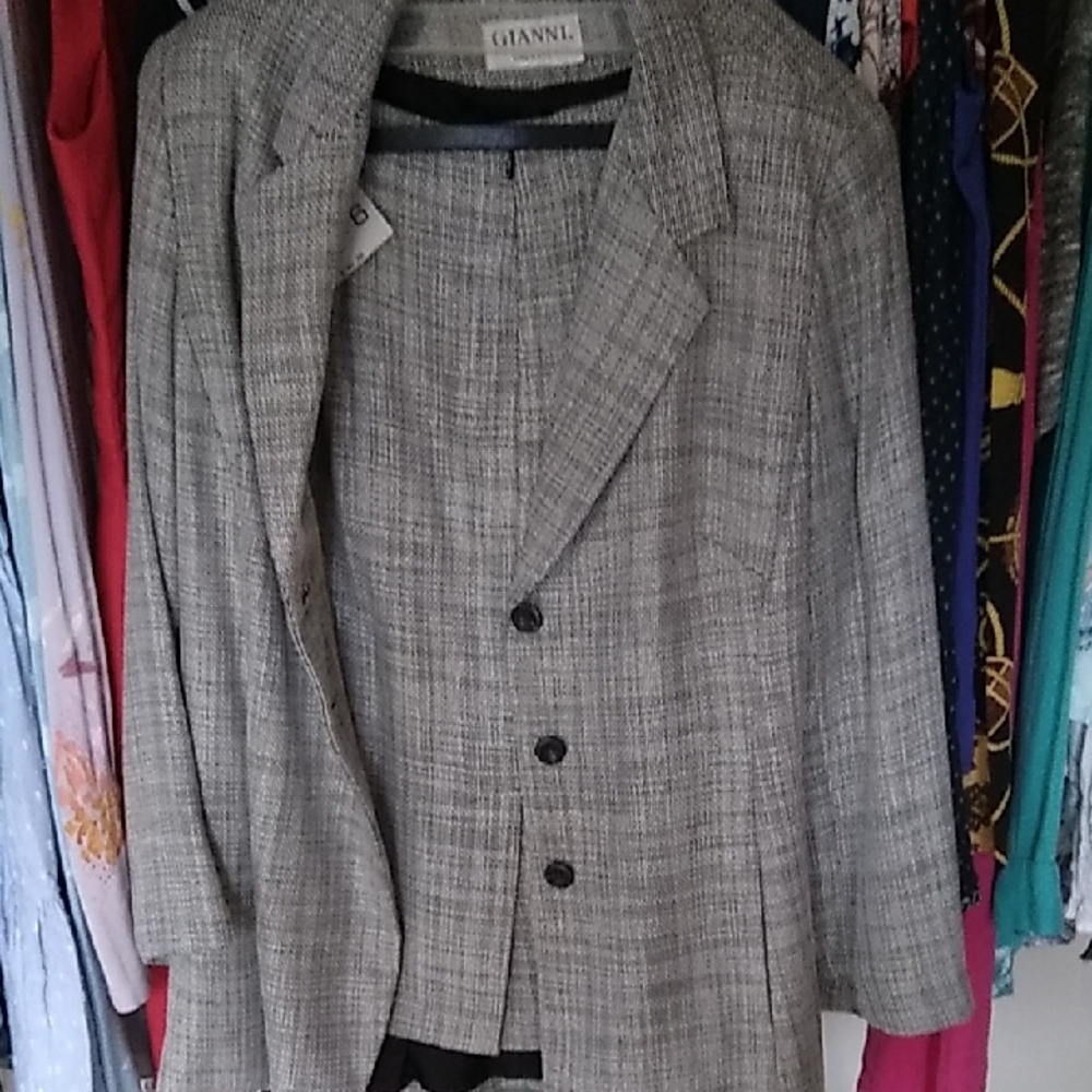 Ganni Black and White Textured Blazer and Skirt Set